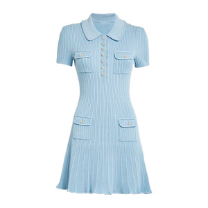 Traje de una pieza informal, liso, de <span class=keywords><strong>manga</strong></span> <span class=keywords><strong>corta</strong></span>, estilo blazer, con falda acampanada, ajustado, <span class=keywords><strong>para</strong></span> mujer, con botones de cristal, estilo occidental. - Product Image 4