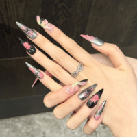 Ongles à presser longs et pointus, faits main, en gel 3D, motif floral, poudre chromée argentée rose, de haute qualité, modèle K57