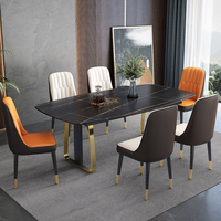 Ensemble de table à manger en pierre de luxe pas cher ModHomi, 6 chaises, plateau en pierre frittée avec base en acier inoxydable doré, meubles de salle à manger