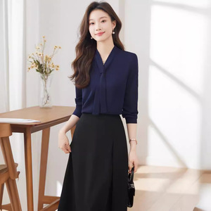 Women's White Long Sleeve Professional Shirt With Ribbon Solid Color Polyester No-Wrinkle Comfortable Workwear - Product Image 4