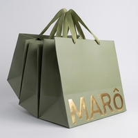 Sac en papier vert sauge sophistiqué avec impression de logo personnalisé pour ensemble d'emballage haut de gamme de vêtements et de bijoux