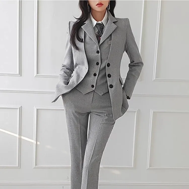 Vrouwen Vintage Hoge Kwaliteit Kantoor Pak Dames Werkkleding Ol 3Pcs Blazer Vest Broek