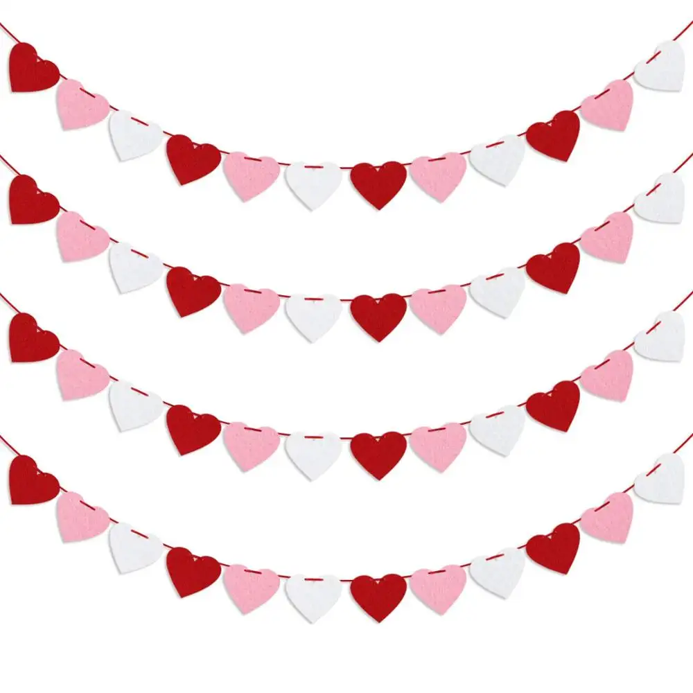 Red Pink White Valentines Banner、Felt Heart Garland Banner Outdoor Home Hanging Valentines Decor