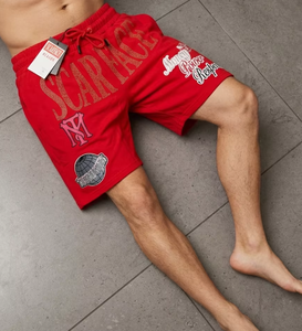 Pantaloncini in cotone rosso anti-piega, vintage, traspiranti, in tessuto pettinato, stile streetwear, con strass <span class=keywords><strong>Scarface</strong></span> e grafiche applicate, servizio OEM - Product Image 2