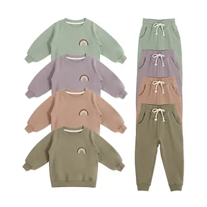 Organic Fleece Terry Kids Sweatsuit Long Sleeve Baby Girls Rainbow Embroidery Outfits Boys Tracksuits