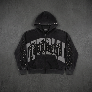 Sudadera con capucha negra con tachuelas y efecto desgastado, con cremallera completa, de forro polar estampado, estilo casual urbano, 100% algodón, oversize, corta, para hombre - Product Image 2