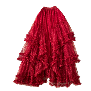 Falda de mujer de cintura imperio, transpirable, teñida lisa, de verano, casual, con volantes, empalme de encaje pesado, malla, corte en A, a media pantorrilla, poliéster/algodón - Product Image 1