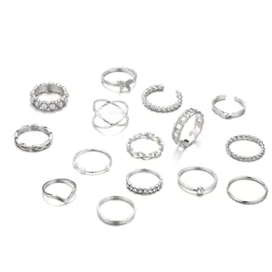 15 unids/set venta al por mayor nuevo diseño personalidad aleación geométrica anillos huecos tallado nudillo mariposa perla anillo conjunto