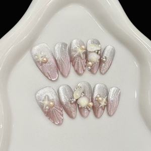 <span class=keywords><strong>Unghie</strong></span> Finte Lunghe a Bara Fatte a Mano, Glitter Argento Rosa Ombré, Conchiglie <span class=keywords><strong>e</strong></span> Stelle Marine 3D Scolpite, <span class=keywords><strong>Unghie</strong></span> di Lusso con Perle da Sirena - Product Image 5
