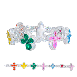 Chaîne unisexe en argent sterling 925 plaqué or 22 mm avec trèfle à quatre feuilles et croix en moissanite VVS colorée, style cubain <span class=keywords><strong>TUHE</strong></span> TQB0366 - Product Image 1