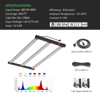 HongYi 360W + 30W 3 barres LED élèvent la lumière double canaux de contrôle avec large spectre PPE 3.0umol/J hydroponique spectre complet + FR & UV