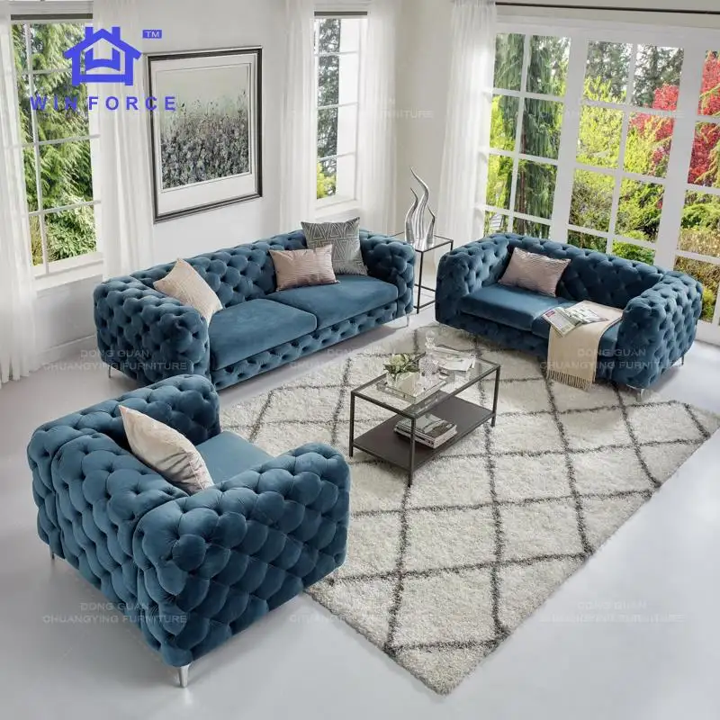 Winforce Modern Velvet Luxury Tufted Sofa Couch for Living Room Furniture Chesterfield Sofa Set  Love Seat