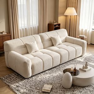 Canapé deux places minimaliste en bouclette avec dossier capitonné, accoudoirs incurvés, forme semi-circulaire, rembourrage en mousse, mobilier de salon - Product Image 5