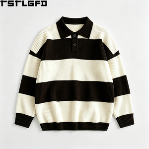 Pull Polo Rayé Tricoté Coupe Ample Style Rugby Lourd Rétro Streetwear Vente en Gros - Product Image 3