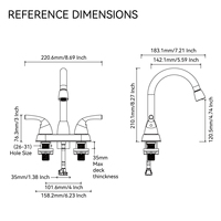Robinet mitigeur de lavabo central extensible pour salle de bain, eau chaude et froide, montage sur plan, en acier noir, 2 poignées, 2 trous