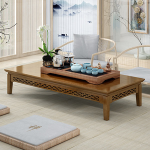 Table basse en bois massif de style japonais avec design sculpté pour salon, utilisation sur sol tatami - Product Image 1