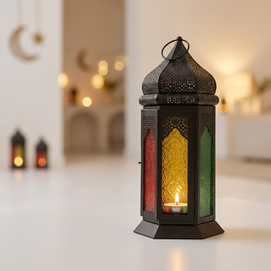 Décorations du Ramadan 2027, lanterne à bougie marocaine en métal noir avec verre coloré pour la maison et les événements - Product Image 1
