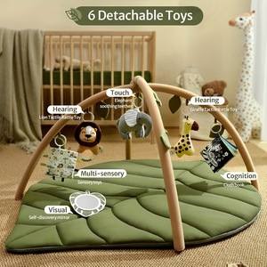 Tapis d'éveil vert pour bébé, tapis d'activités pliable pour nourrissons, tapis de sol pour le temps sur le ventre avec 6 jouets détachables, apprentissage sensoriel - Product Image 1