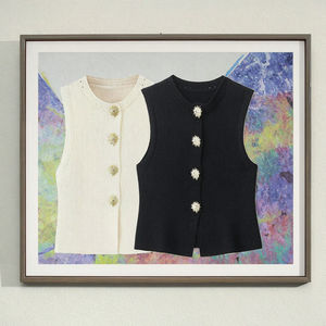 Top Senza Maniche da Donna Vintage Casual Traspirante <span class=keywords><strong>con</strong></span> <span class=keywords><strong>Bottoni</strong></span> Dorati in Maglia Intrecciata Tinta Unita <span class=keywords><strong>con</strong></span> Collo Rotondo per l'Autunno - Product Image 3