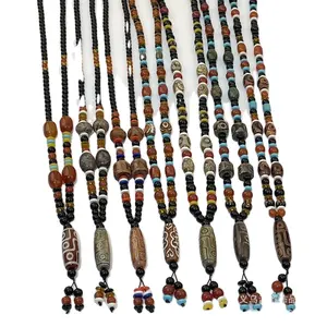 Оптовая продажа, индивидуальное ожерелье из тибетских бусин dzi в этническом стиле ретро из натурального агата для мужчин и женщин