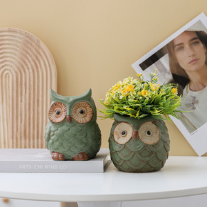 Vaso di Fiori in Ceramica Mini Creativo e Carino, Decorazione Personalizzata a Forma di Piccolo Animale Gufo, Moderno Smaltato Verde Bronzo - Product Image 3