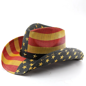 Chapeau de cowboy en paille fait main à bord roulé pour l'été, style Texas Ranger, <span class=keywords><strong>Stetson</strong></span> Panama, avec imprimé drapeau américain pour hommes - Product Image 4