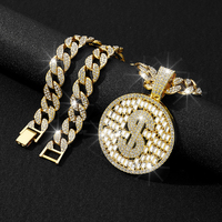 Colgante de dólar $ de cristal ostentoso con gargantilla de cadena de eslabones cubanos de aleación de 1533 de ancho para hombres