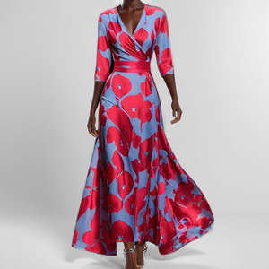 Abito <span class=keywords><strong>Lungo</strong></span> Elegante Floreale da Donna <span class=keywords><strong>con</strong></span> <span class=keywords><strong>Spacco</strong></span>, Scollo a V, Mezza Manica, Vita Sottile, per Feste e Outfit Casual - Vendita all'Ingrosso - Product Image 1