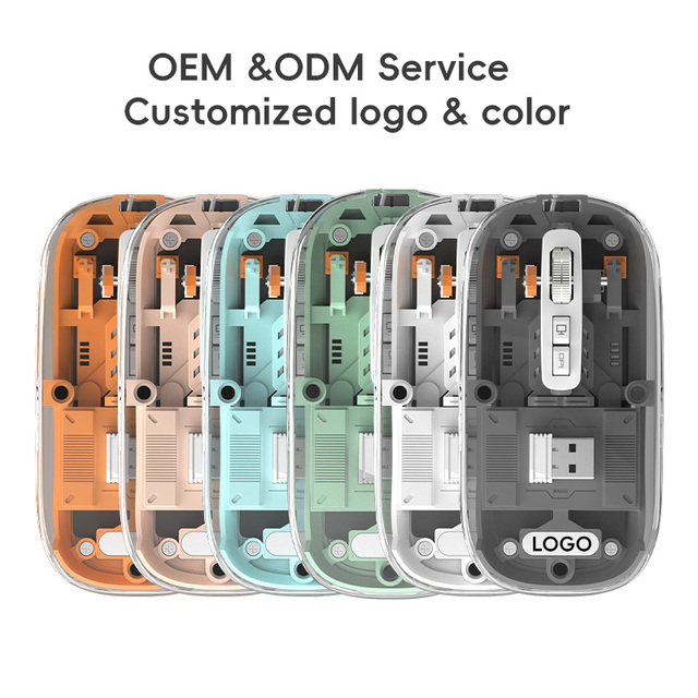 Customized Transparent Mini USB LED 2.4G BT Wireless Mechanical Style Multifunction Mouse with 5 Buttons Optical Tracking