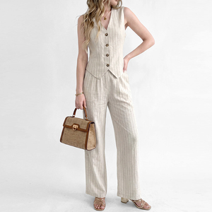 Ropa de Talla Grande para <span class=keywords><strong>Mujer</strong></span>, Conjunto de 2 Piezas, Chaleco de Lino y Pantalones Anchos, Adecuado para Ocasiones Formales y Casuales, Plazo de Entrega de 15 Días - Product Image 1