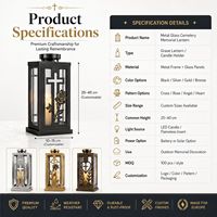 Lanterne funéraire de luxe en acier inoxydable OEM avec support de bougie en verre et motif croix et colombe pour la décoration des tombes commémoratives