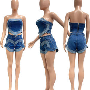 Set 2 pezzi in Denim Love Heart Patchwork donna estate senza spalline canotte irregolari senza schienale + Shorts completi <span class=keywords><strong>Jeans</strong></span> Casual - Product Image 6
