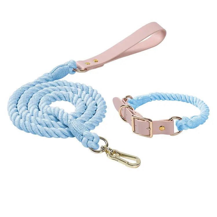 Heavy Duty Handmade Colorful Braided Cotton Rope Dog Training Collar Leash Set for Medium Small Dogs