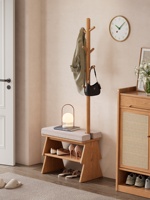 Banc porte-chaussures et porte-manteau tout-en-un en bois massif de style japonais pour entrée, avec support pour chapeaux et manteaux, modèle XD021