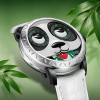 Montre mécanique automatique Lucky Harvey Panda avec cadran à yeux animés, cristal saphir, bracelet en cuir, étanche ZLS106