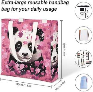 ถุงผ้าแคนวาสทำจากผ้าฝ้ายใช้ซ้ำได้สำหรับซื้อของใช้ตกแต่งด้วยลูกปัดสำหรับแพนด้าสีชมพู - Product Image 3