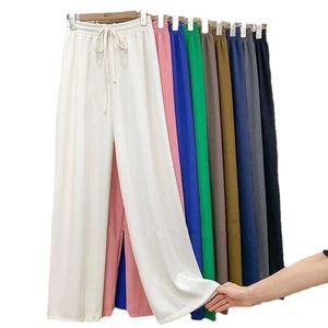 <span class=keywords><strong>Pantalon</strong></span> large pour <span class=keywords><strong>femme</strong></span>, motif uni, taille haute extensible avec cordon de serrage, coupe ample, en maille côtelée longue, idéal pour le printemps - Vente en gros - Product Image 1