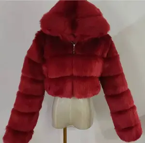 Jaqueta de inverno feminina, casaco de pele curto com capuz de pele falsa imitação de raposa manga comprida