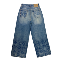 Pantalon en jean taille haute à jambe large pour femme, style streetwear imprimé, délavé et vieilli, vintage, pour l'été, l'automne et le printemps, décontracté et tendance au quotidien