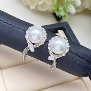 WENCHI 10822 S925 <b>Silver</b> Snake <b>Earrings</b> with 8-10mm Round Beads Hollow Tray Earnail <b>Pearl</b> Accessories From China - Product Image 1