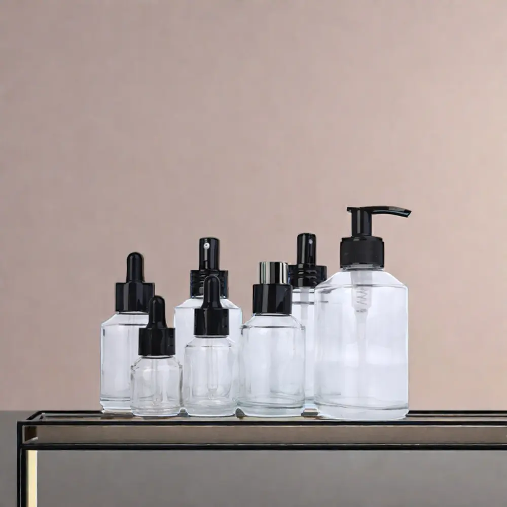 Wholesale Transparent Slanted Shoulder Perfume Mist Spray Glass Bottle 200ml Capacities Black Sprayer Cosmetics Essential Oils