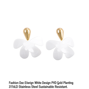 Boucles d'oreilles pendantes tendance, motif fleur blanche, placage or PVD, acier inoxydable 316L, durable et résistant - Product Image 2