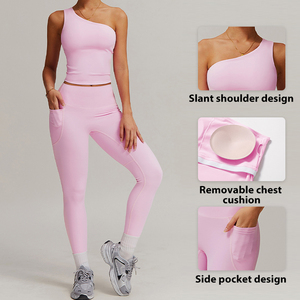 2025 nouveau sans couture amovible simple épaule Yoga gilet taille haute hanche levage <span class=keywords><strong>Compression</strong></span> Leggings ensemble poche imprimé motif - Product Image 3