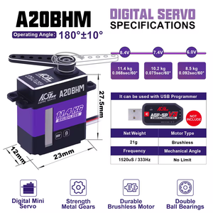AGFRC A20BHM Motor sin Escobillas de Alta Velocidad con 11.4KG de Torque y 0.068 Segundos de Tiempo de Respuesta, Engranaje de Acero, Programable, Mini Coche RC 1:24, Batería 2S - Product Image 6