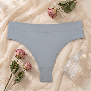 Women Plus Size <b>Seamless</b> <b>Thong</b> Panties Solid Color Ribbed Waistband High Waist Underwear Soft Stretch Women's Panties Wholesale - Product Image 2