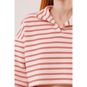 Women's <b>Red</b> Striped Polo Collar <b>Crop</b> Sweatshirt by LUSTRIN - Wholesale Cotton Blend Short Sleeve <b>Top</b> for Casual Wear - Product Image 3