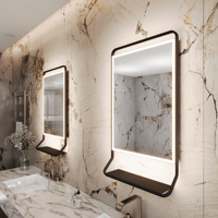 Miroir mural rétroéclairé à LED avec cadre en métal noir, 3 couleurs, avec étagère de rangement, décoration intérieure pour salle de bain, chambre à coucher, salon, hôtel