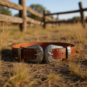 Cintura in Vera Pelle con Doppia Fibbia 3x100cm, Accessori Argento, Stile Western - Product Image 2