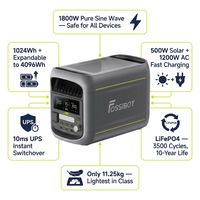 Station d'alimentation portable Fossibot F1800 1024Wh 1800W, meilleure station d'alimentation portable avec entrée solaire, bouton réglable, 40 min de charge complète
