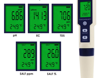 Testeur de qualité de l'eau 5-en-1 : pH-mètre, TDS-mètre, conductimètre, salinomètre et thermomètre, populaire pour l'exportation
